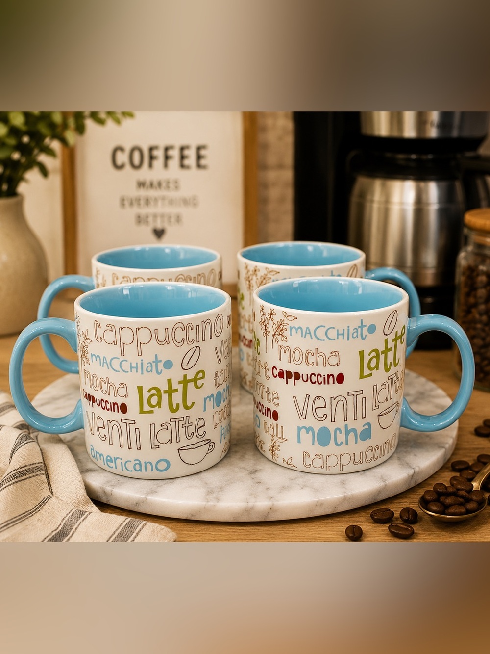 Vintage 2007 Starbucks Blue‎ Coffee Script Large Coffee Mug Set